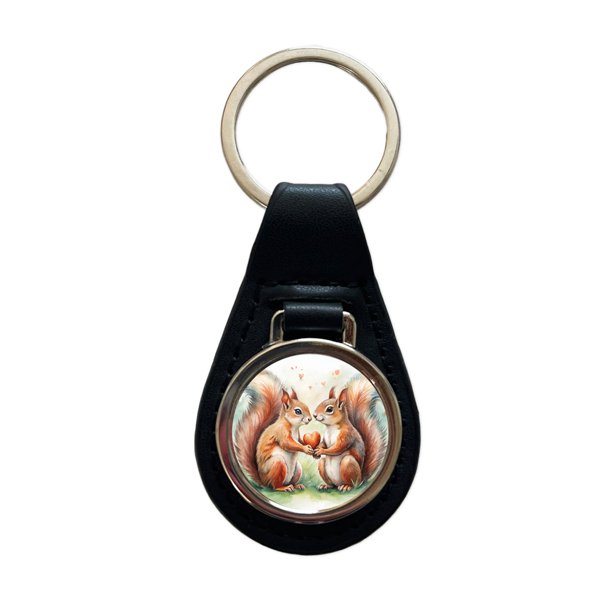 Squirrels In Love Hearts Valentine's Day Black Leather Metal Keychain