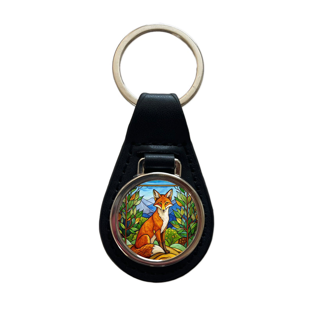 Stained Glass Fox Sitting Black Leather Metal Keychain