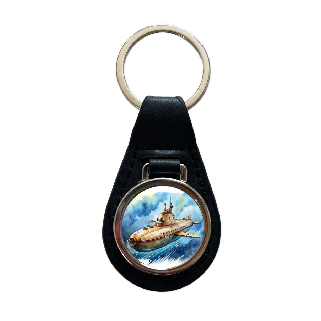 Steampunk Sci-fi Fantasy Flying Submarine Black Leather Metal Keychain