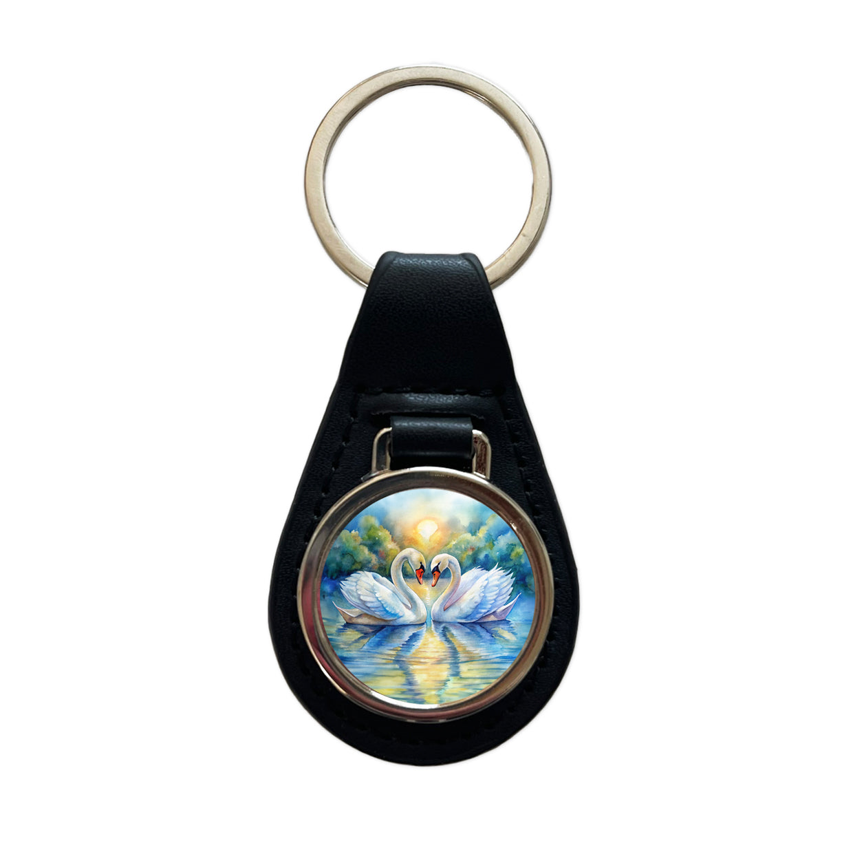 Swans In Love Valentine's Day Black Leather Metal Keychain