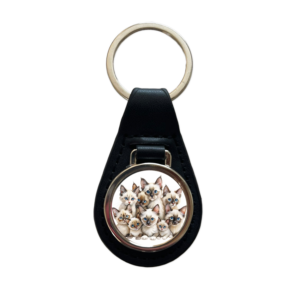 Sweet Balinese Cats Black Leather Metal Keychain