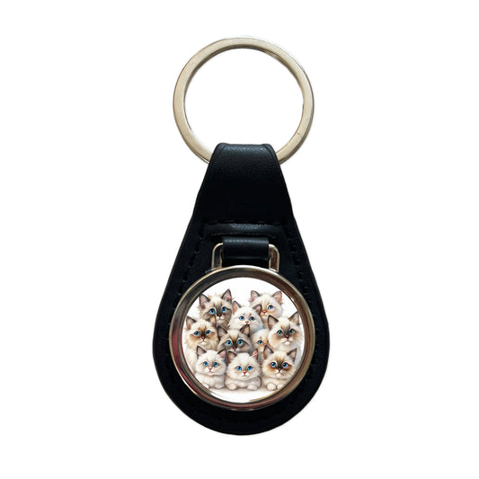 Sweet Birman Cats Black Leather Metal Keychain