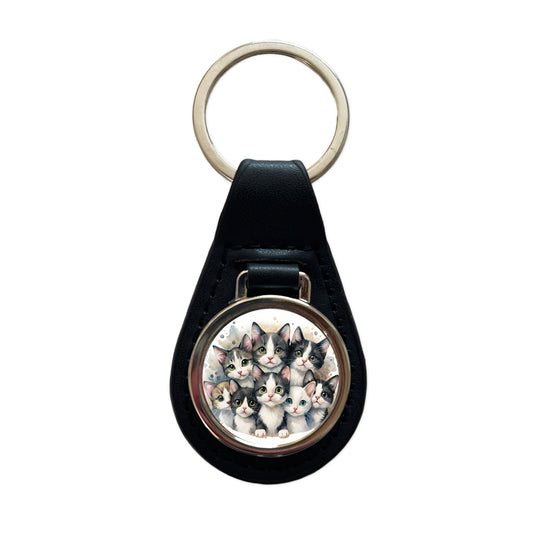 Sweet Black And White Cats Black Leather Metal Keychain