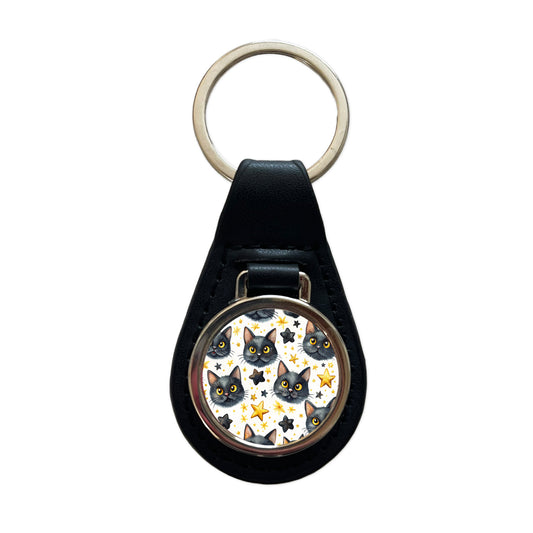 Sweet Black Cat Faces Yellow Stars Black Leather Metal Keychain