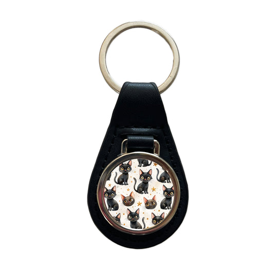 Sweet Black Cats Yellow Stars Black Leather Metal Keychain