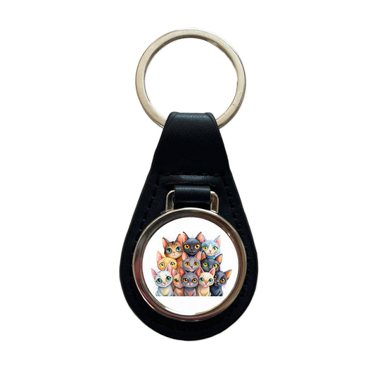 Sweet Bombay Cats Black Leather Metal Keychain