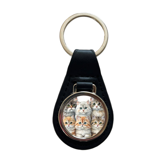 Sweet British Longhair Cats Black Leather Metal Keychain