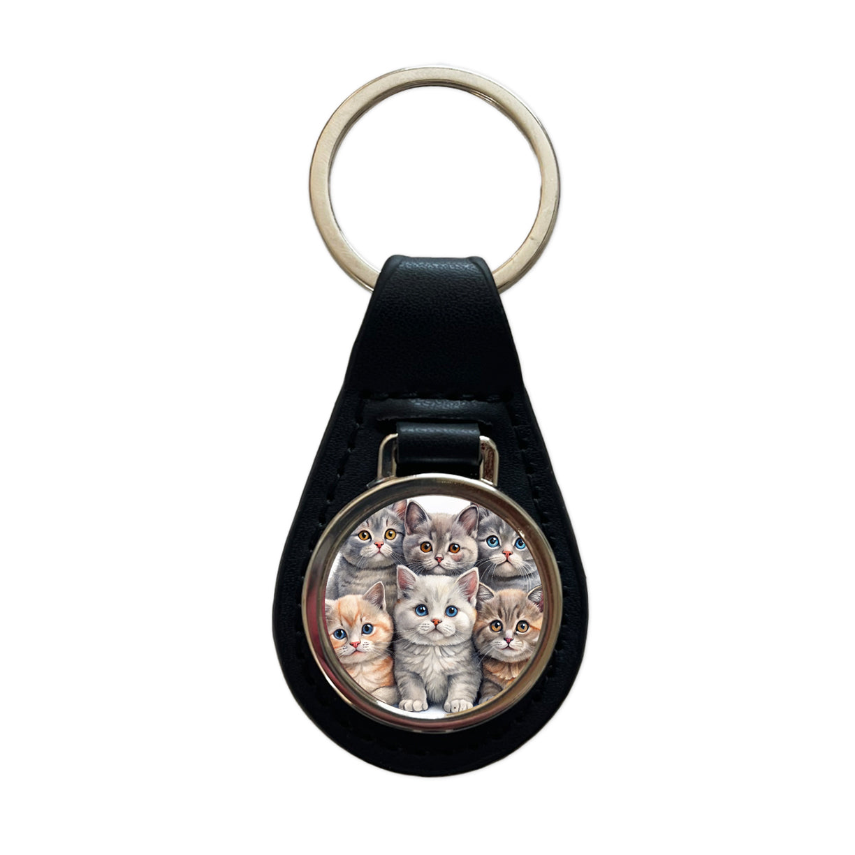 Sweet British Shorthair Cats Black Leather Metal Keychain
