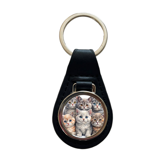 Sweet British Shorthair Cats Black Leather Metal Keychain