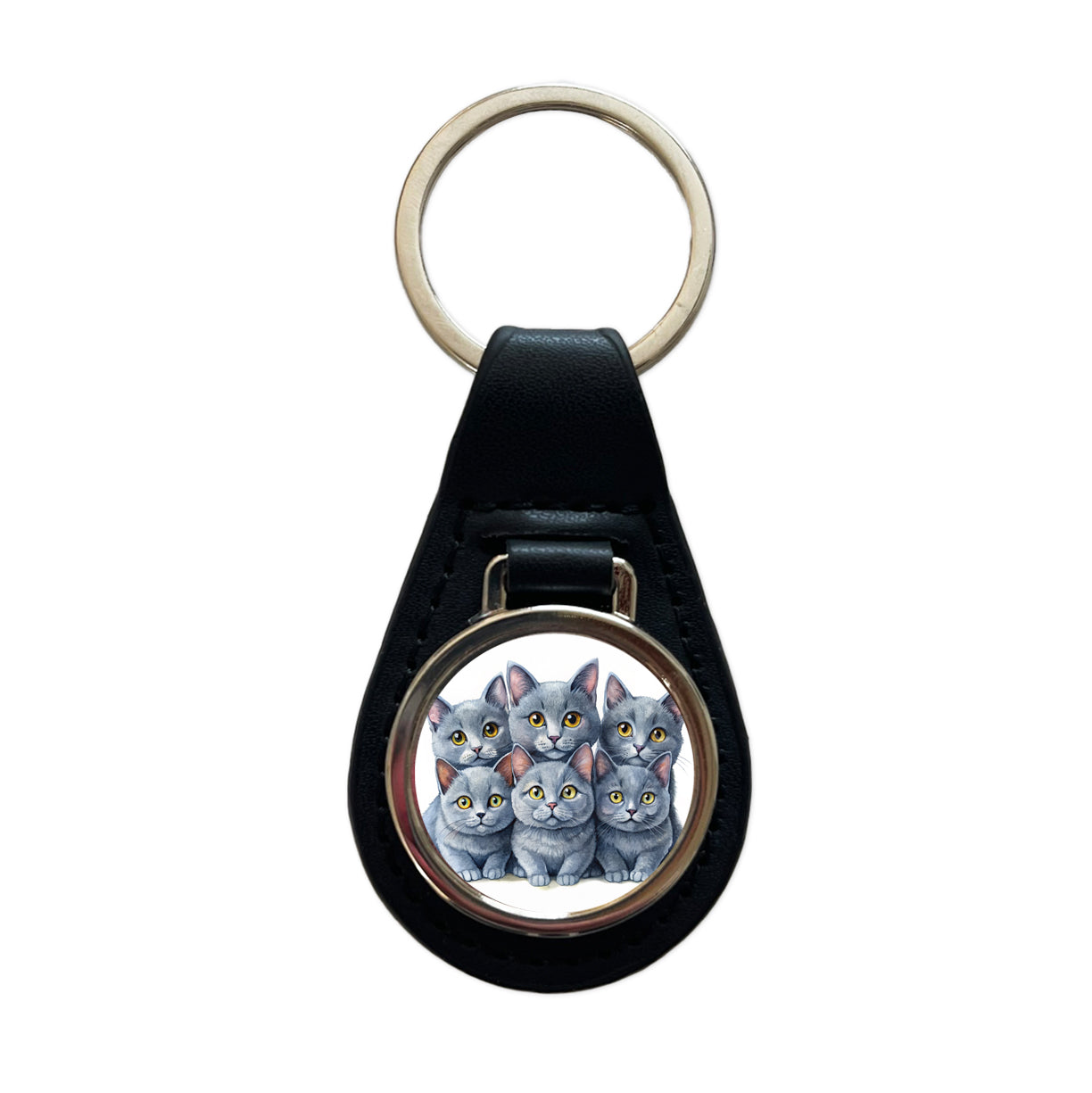 Sweet Chartreux Cats Black Leather Metal Keychain