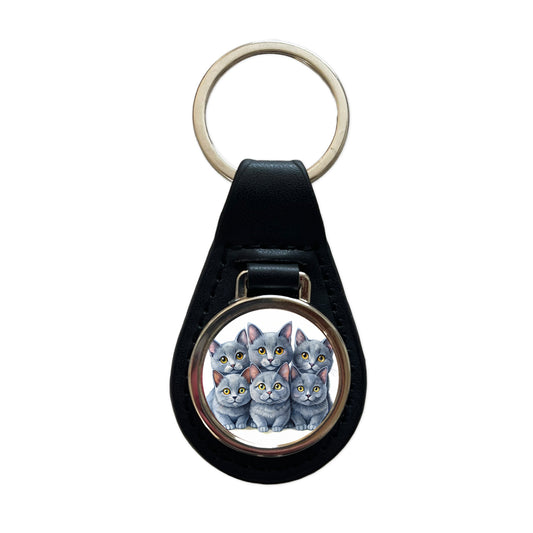 Sweet Chartreux Cats Black Leather Metal Keychain