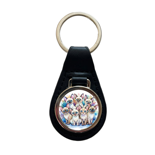 Sweet Colorpoint Shorthair Cats Black Leather Metal Keychain