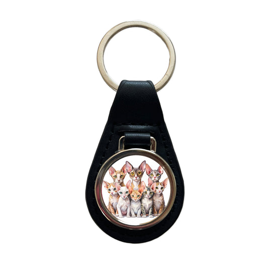 Sweet Cornish Rex Cats Black Leather Metal Keychain