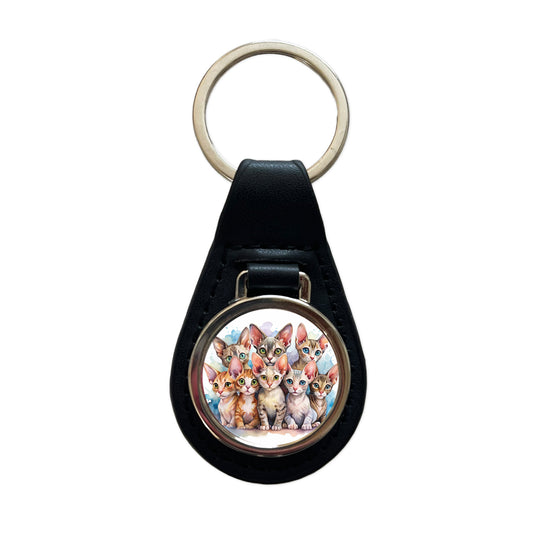 Sweet Devon Rex Cats Black Leather Metal Keychain