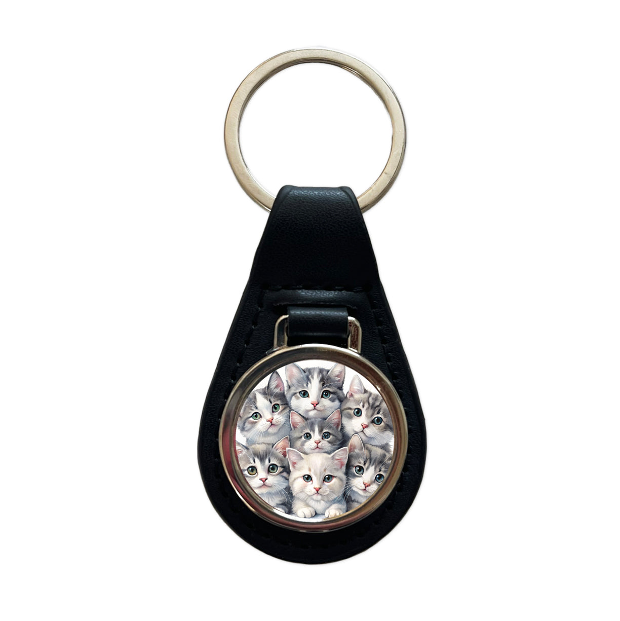 Sweet Gray And White Cats Black Leather Metal Keychain