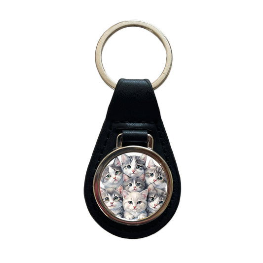 Sweet Gray And White Cats Black Leather Metal Keychain