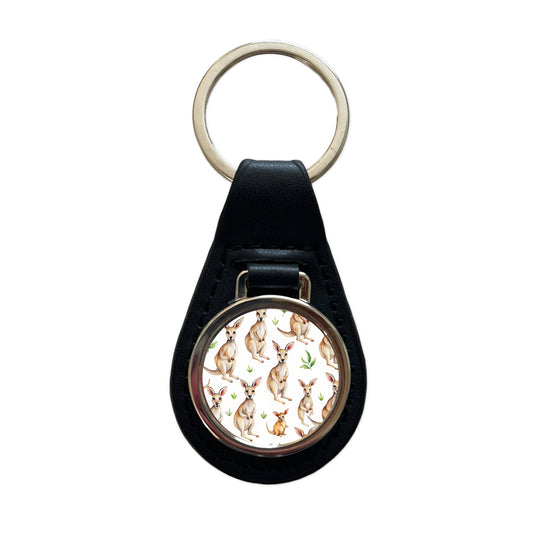 Sweet Kangaroos Black Leather Metal Keychain