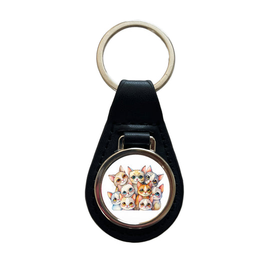 Sweet Khao Manee Cats Black Leather Metal Keychain