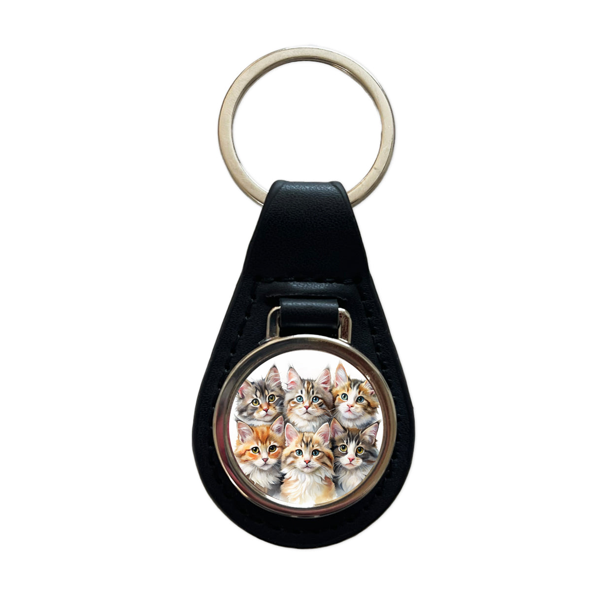 Sweet Maine Coon Cats Black Leather Metal Keychain