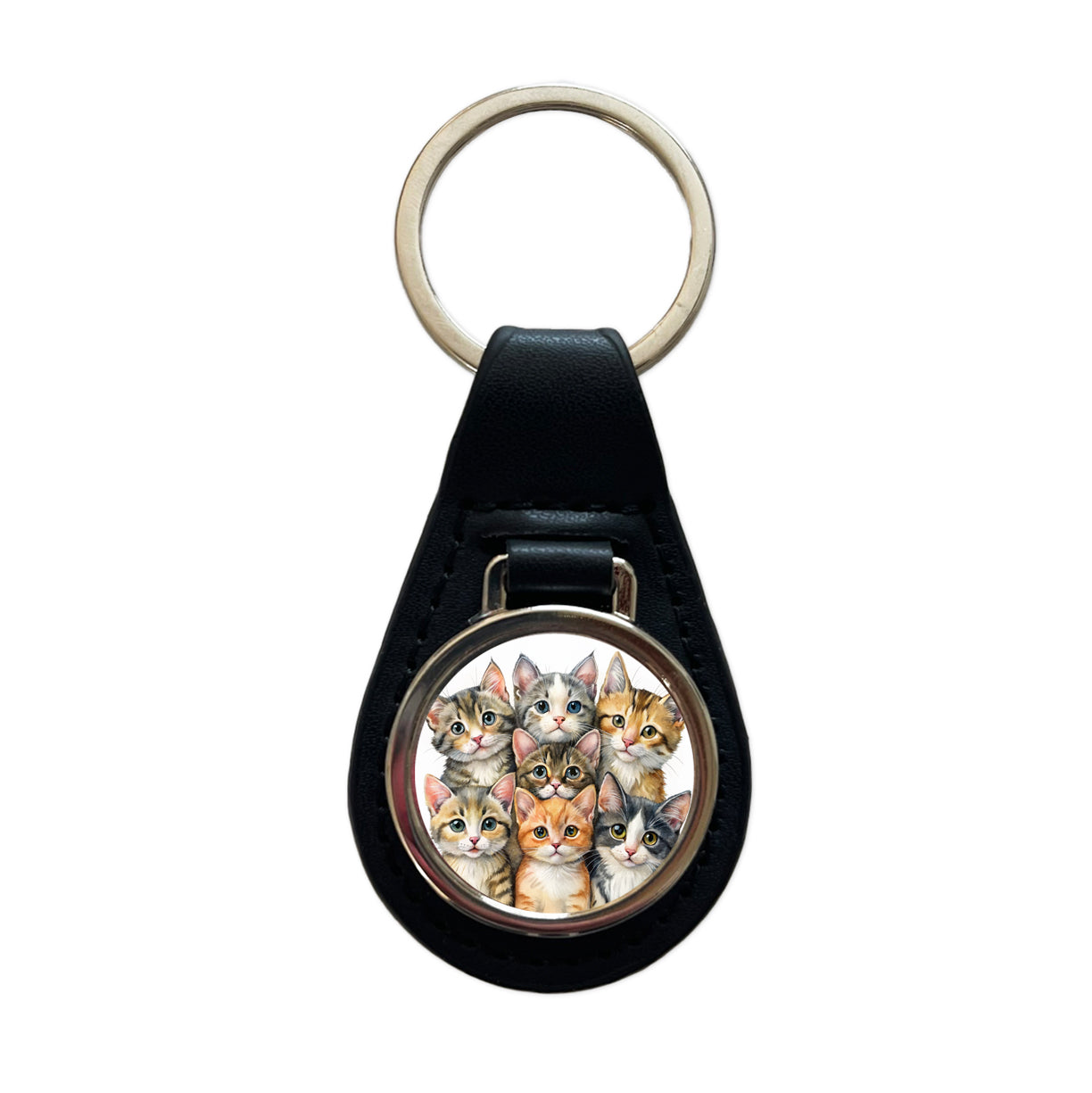 Sweet Manx Cats Black Leather Metal Keychain