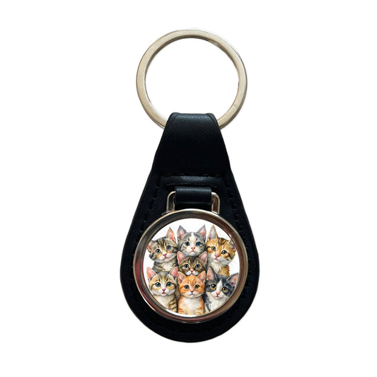 Sweet Manx Cats Black Leather Metal Keychain