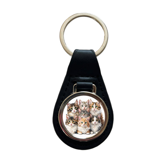 Sweet Norwegian Forest Cats Black Leather Metal Keychain
