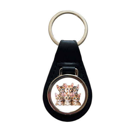 Sweet Ocicat Cats Black Leather Metal Keychain