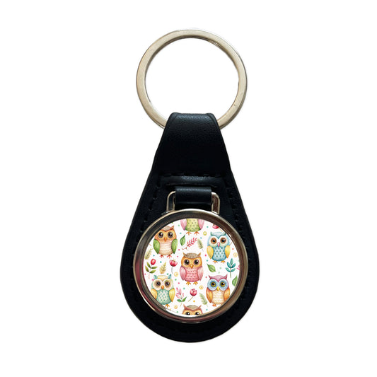 Sweet Owls Black Leather Metal Keychain
