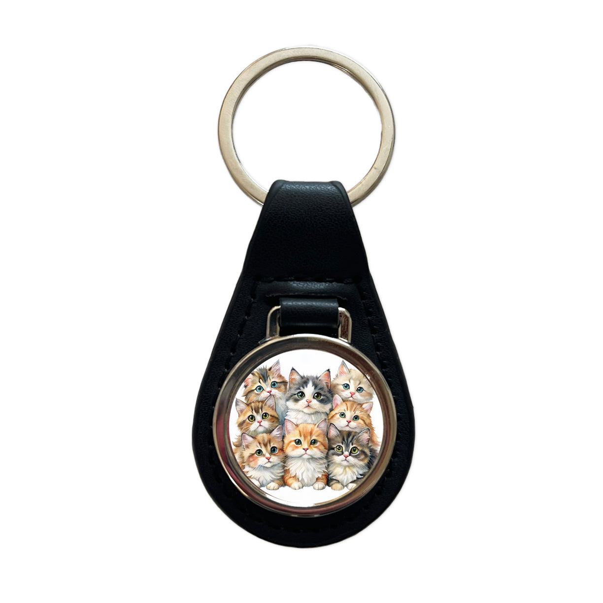 Sweet Ragamuffin Cats Black Leather Metal Keychain