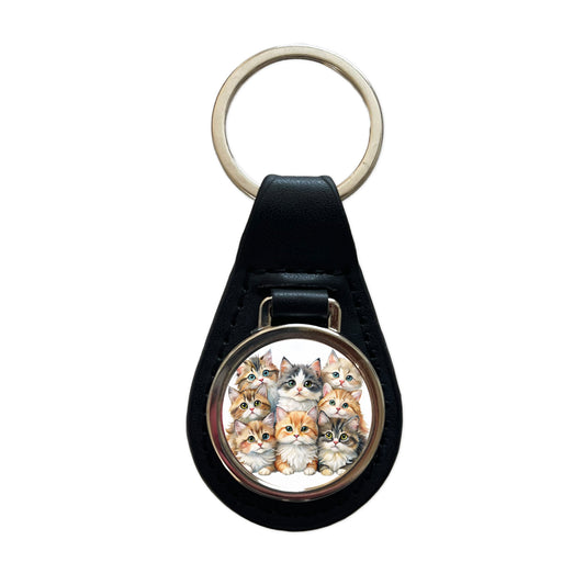 Sweet Ragamuffin Cats Black Leather Metal Keychain