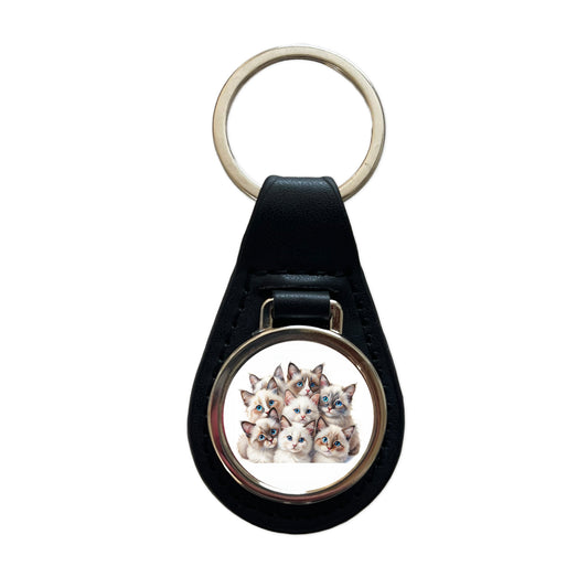 Sweet Ragdoll Cats Black Leather Metal Keychain
