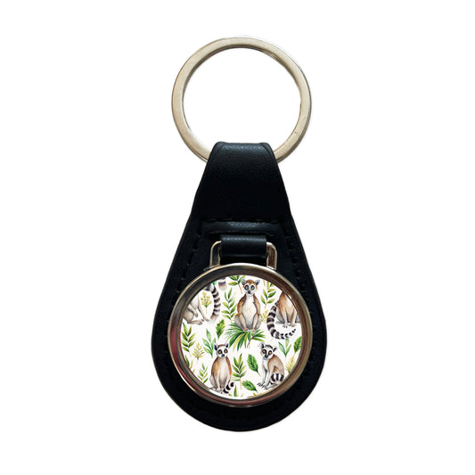 Sweet Ringtail Lemurs Black Leather Metal Keychain