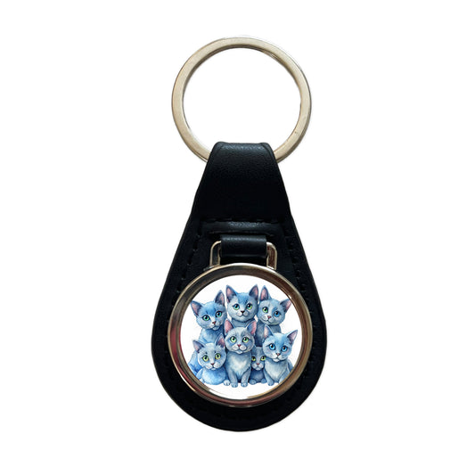 Sweet Russian Blue Cats Black Leather Metal Keychain