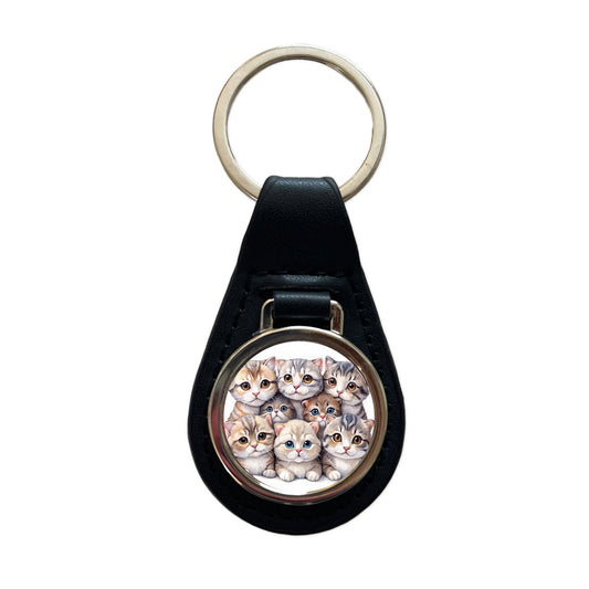 Sweet Scottish Fold Cats Black Leather Metal Keychain