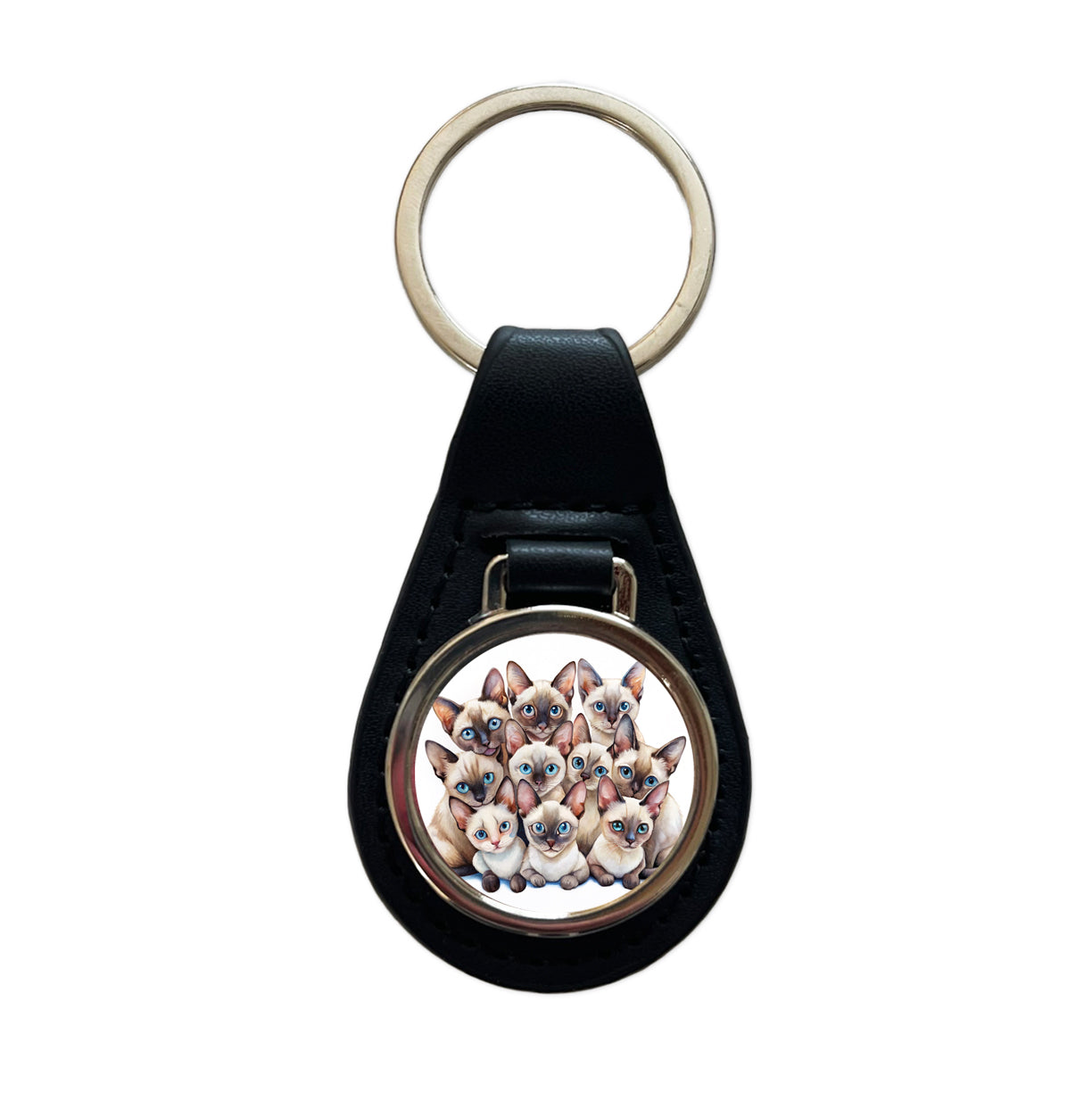 Sweet Siamese Cats Black Leather Metal Keychain