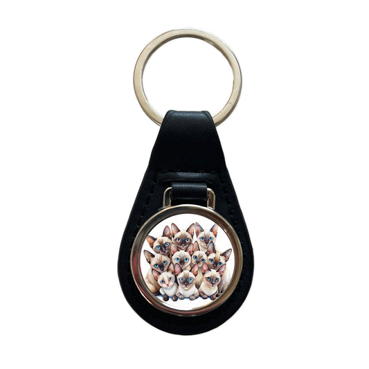 Sweet Siamese Cats Black Leather Metal Keychain