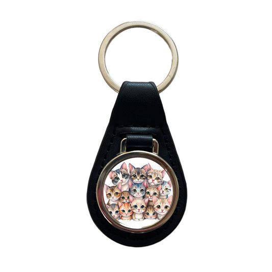 Sweet Singapura Cats Black Leather Metal Keychain