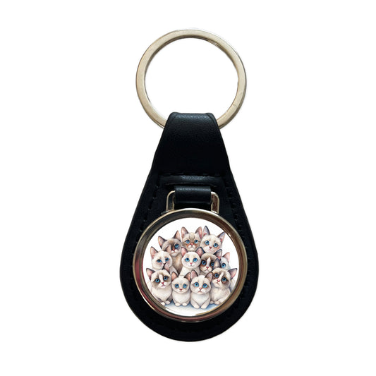 Sweet Snowshoe Cats Black Leather Metal Keychain