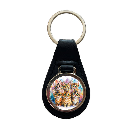 Sweet Somali Cats Black Leather Metal Keychain