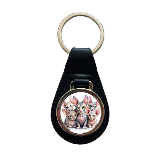 Sweet Sphynx Cats Black Leather Metal Keychain
