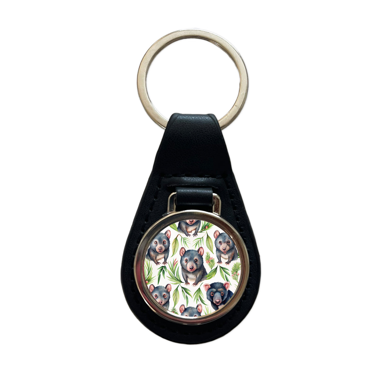 Sweet Tasmanian Devils Black Leather Metal Keychain