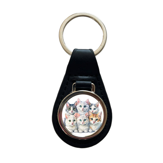 Sweet Turkish Angora Cats Black Leather Metal Keychain