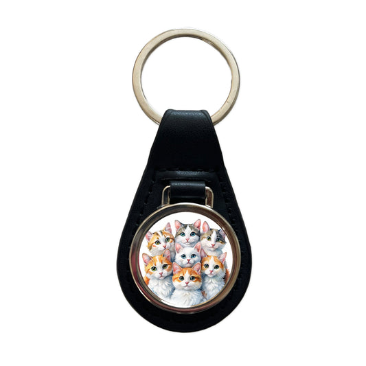 Sweet Turkish Van Cats Black Leather Metal Keychain