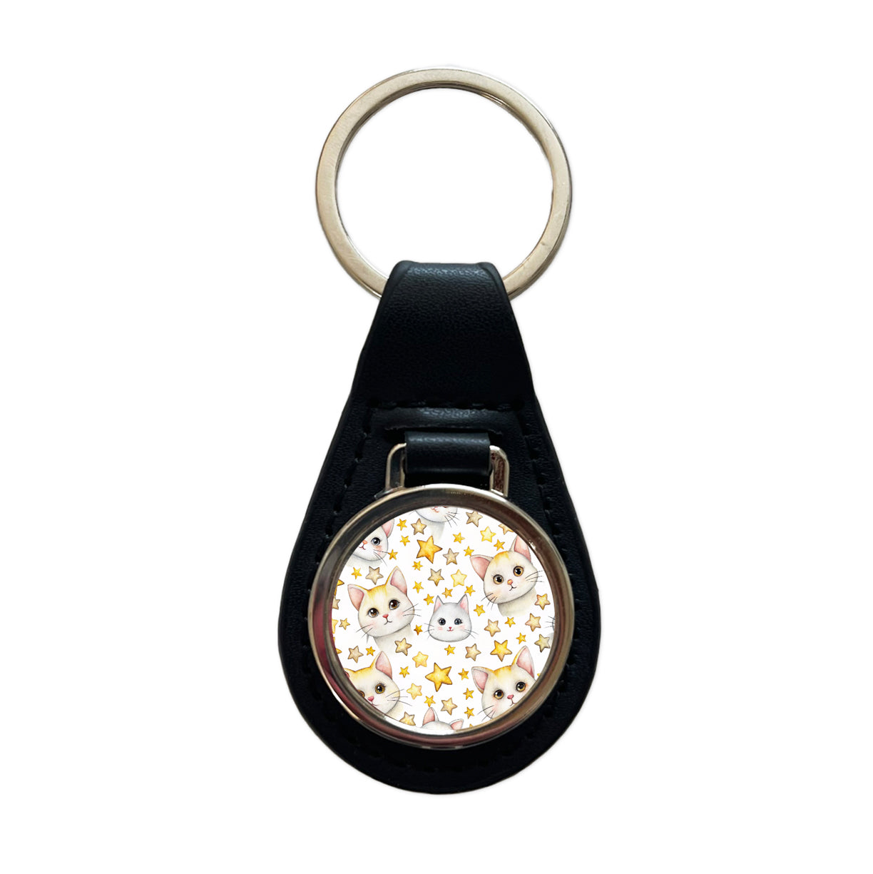 Sweet White Cats Yellow Stars Black Leather Metal Keychain