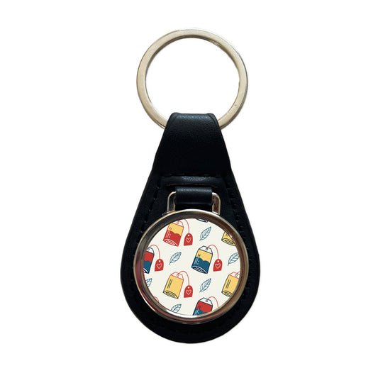 Tea Bags Fun Scattered Black Leather Metal Keychain