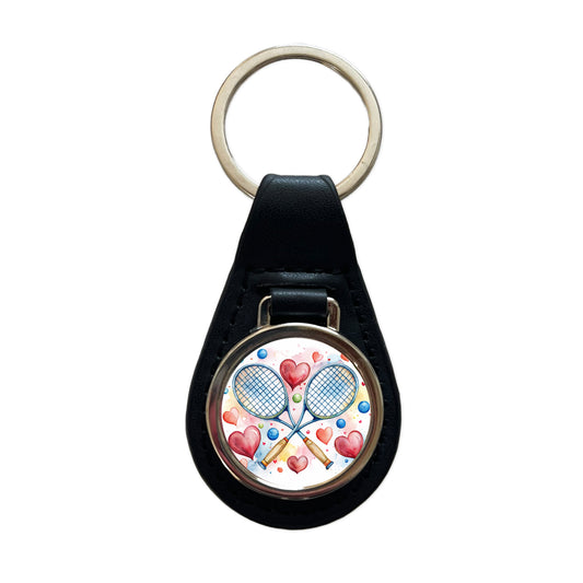 Tennis Rackets Crossed With Hearts Watercolor Black Leather Metal Keychain