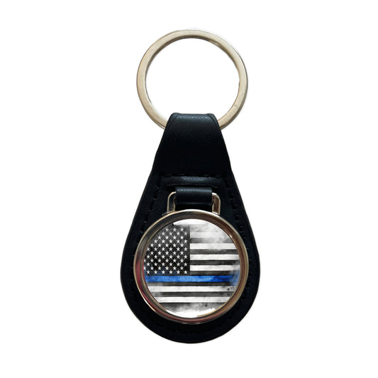 Thin Blue Line Black And White American Flag Support Policemen Police Black Leather Metal Keychain