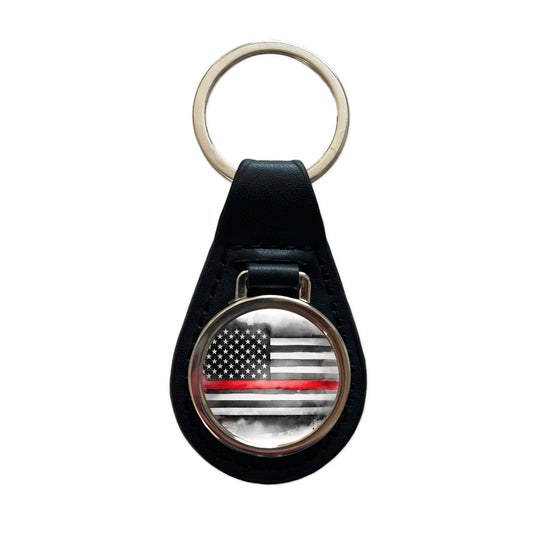 Thin Red Line Black And White American Flag Support Firemen Firefighters Black Leather Metal Keychain