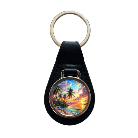 Tropical Beach At Sunset Watercolor Black Leather Metal Keychain