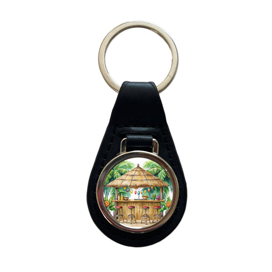 Tropical Resort Beach Tiki Bar Watercolor Black Leather Metal Keychain